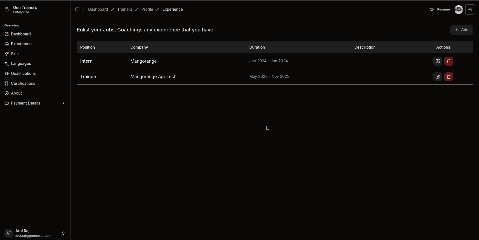 Experience page